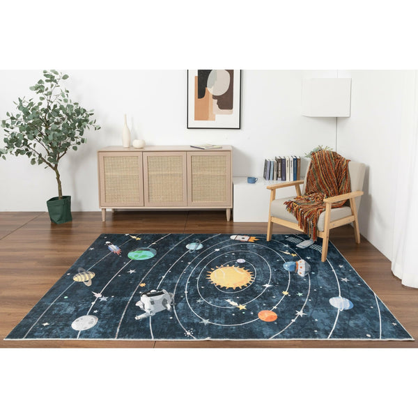 Kids Collection Interstellar Adventure Space Themed Area Rug 5'x'7' 5" X 7" Ivory Graphic Tween Patterned Rectangle Cotton Polyester Rubber Latex Free Washable