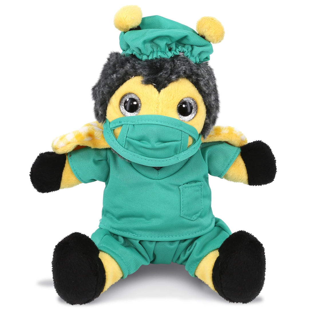 Sitting Bee Doctor Plush with Cute Scrub Uniform Cap Outfit 7 Inches Black Green Yellow Polyester