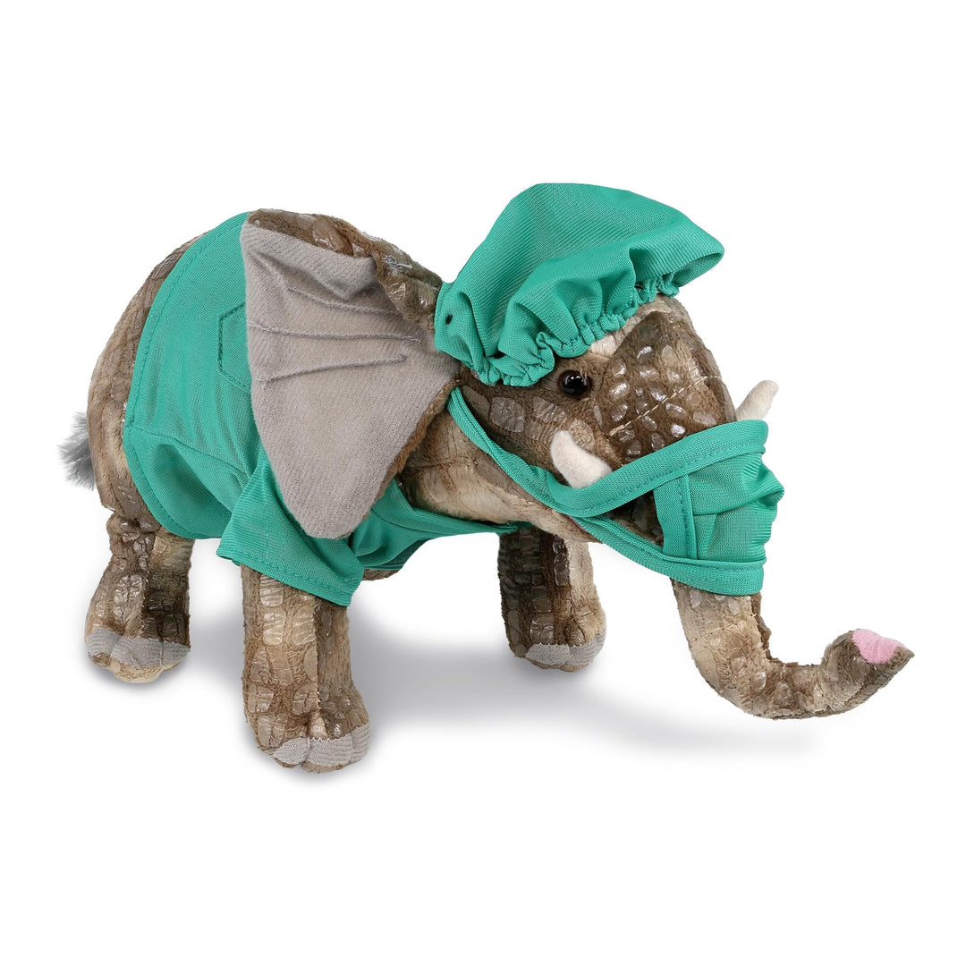 Elephant Doctor Plush with Cute Scrub Uniform and Cap Outfit 12 Inches Brown Green Polyester