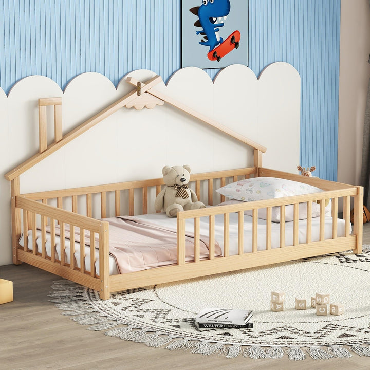 Twin Pine Wood House-Shaped Bedside Floor Bed with Guardrails Kids