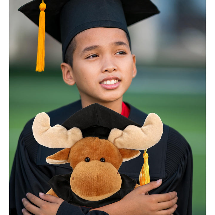 Moose Graduation Plush Toy with Gown and Cap Tassel 6 Inches Black Brown Polyester