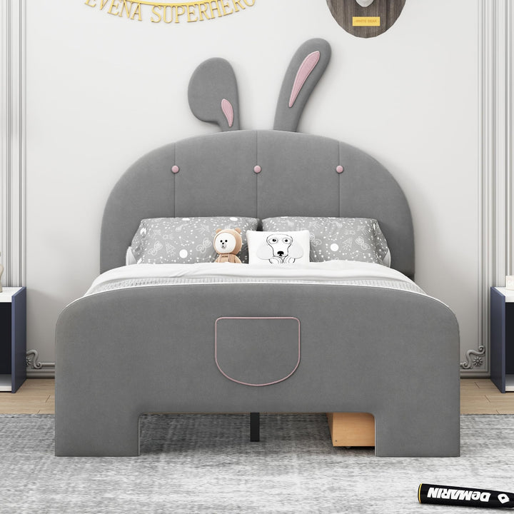 Full Size Upholstered Princess Bed Velvet Platform with Drawers Rabbit-Shape Headboard Footboard for Kids Girls Gray Grey Modern Contemporary Urban Animals MDF