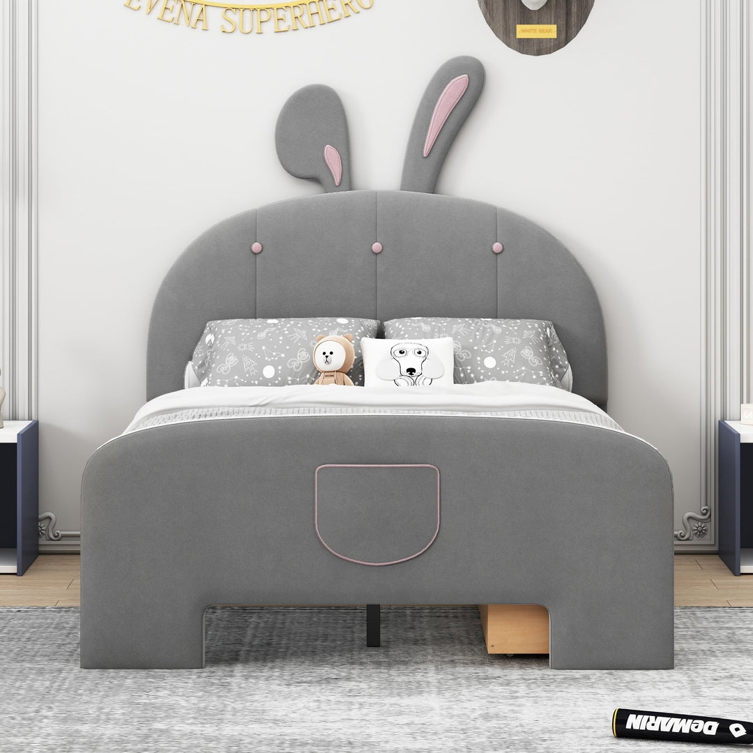 Full Velvet Platform Bed with Bunny Ears Headboard Wooden Frame