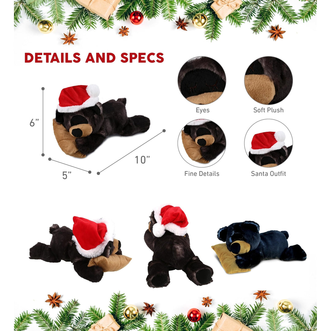 Santa Sleeping Black Bear with Pillow Plush Outfit 10.5 Inches Brown