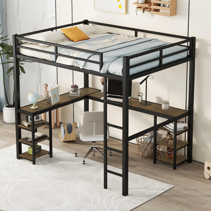 Loft Bed Frame with Ladder Guardrails Metal L-Shaped Brown Desk