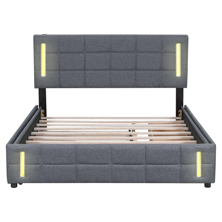 Queen Size Upholstered Platform Bed with Trundle 2 Drawers for Kids