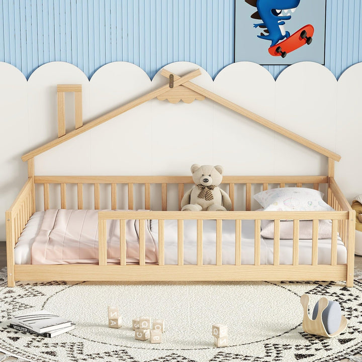 Twin Pine Wood House-Shaped Bedside Floor Bed with Guardrails Kids