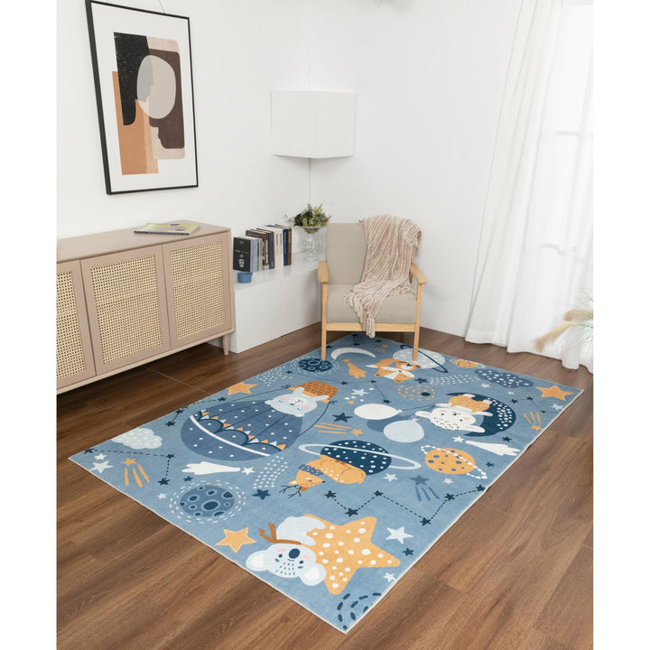 Kids Collection Stars Planets Cheerful Animals Navy Rug 5'x'7' 5" X 7"