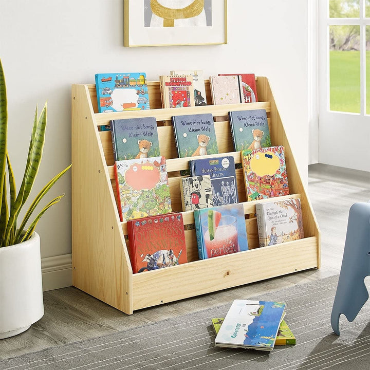 Pinewood Single-Sided Bookcase Display Stand for Kid Kids Storage Bookshelf with 4 Shelves Book Rack Natural Farmhouse Pine Finish Includes Hardware