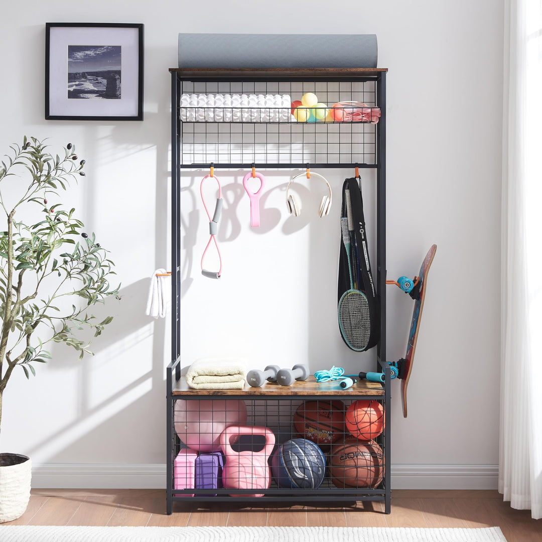 Equipment Organizer System Ball Gear Basketball Racks Holder with Baskets Kids Toys Storage Brown Metal Wood