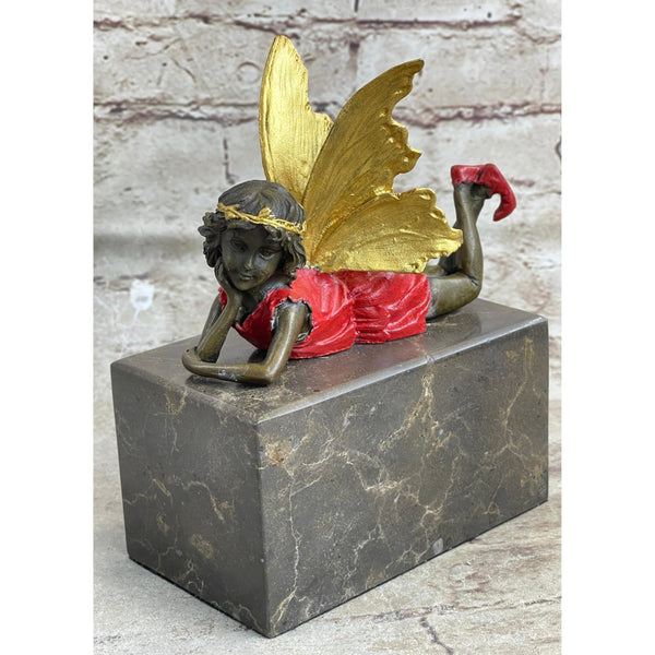 Colorful Resting Fairy Girl Child Bronze Metal Figurine Sculpture On Marble Base Brown Finish Handmade