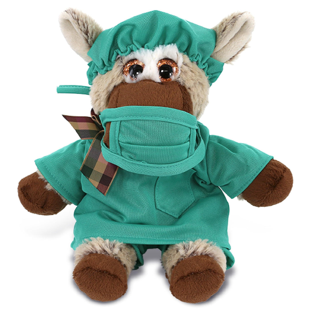 Donkey Doctor Plush Toy with Cute Scrub Uniform Cap 7 Inches Brown Green Grey Polyester