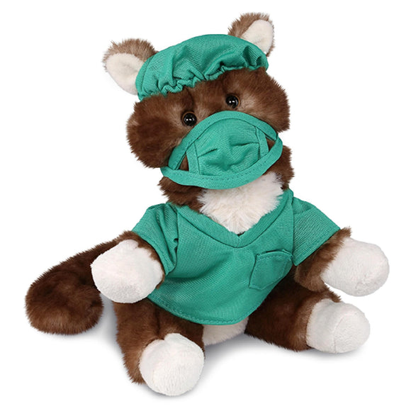 Brown Cat Doctor Plush with Cute Scrub Uniform and Cap Outfit 7 Inches Green White Polyester