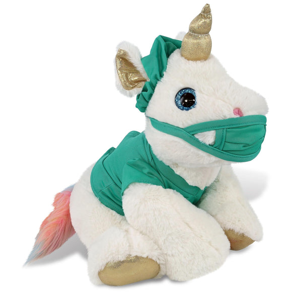 White and Gold Unicorn Doctor Plush with Scrub Uniform Cap 14 Inches Green Polyester