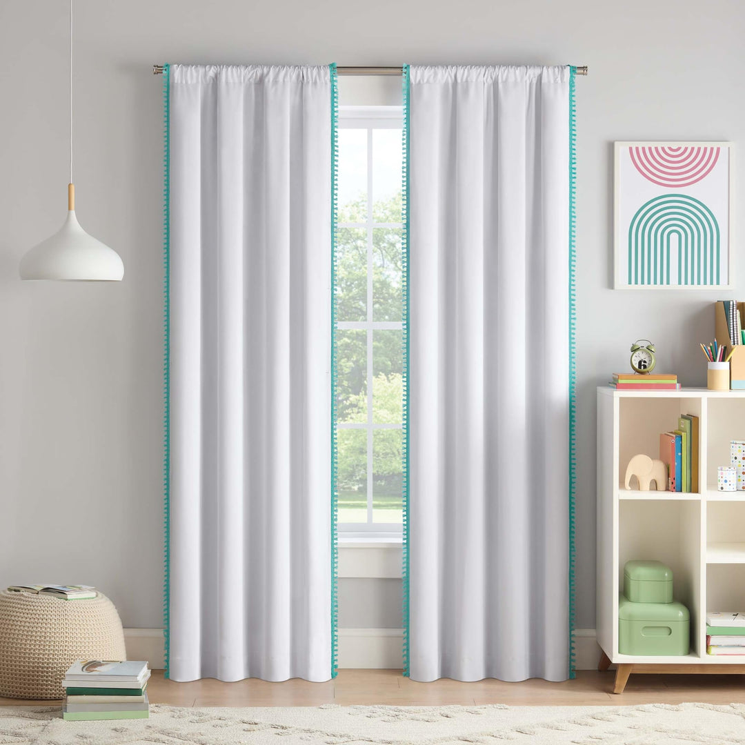 Eclipse Blackout Curtain, Kids Curtain with Tassel Border, 84 in x 40 in, Thermaback 100% Blackout Curtain with Rod Pocket Header, Curtain for Kids Room or Playroom, 1 Window Curtain, White/Teal