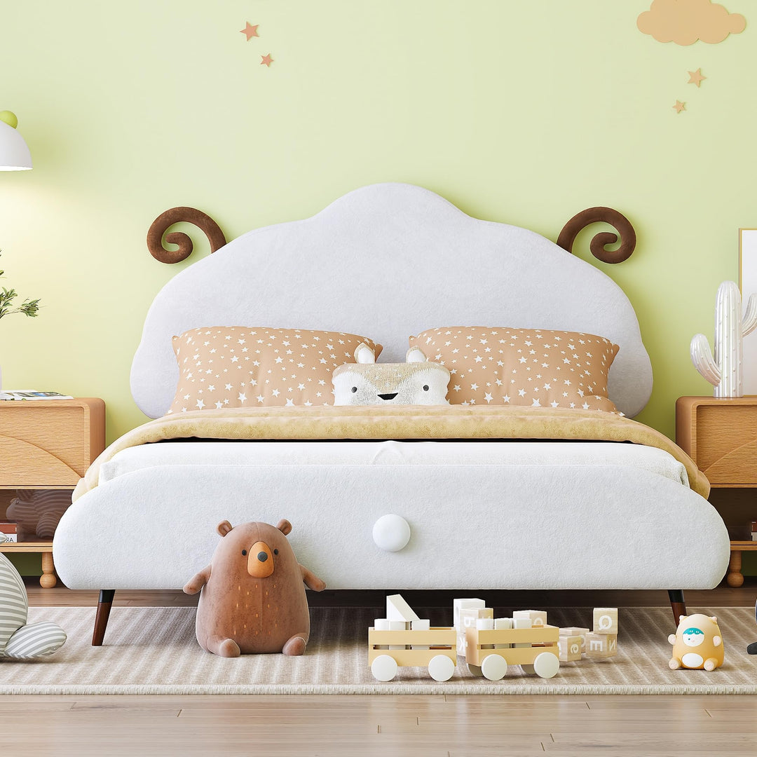 Full Size Velvet Upholstered Platform Bed with Sheep-Shaped