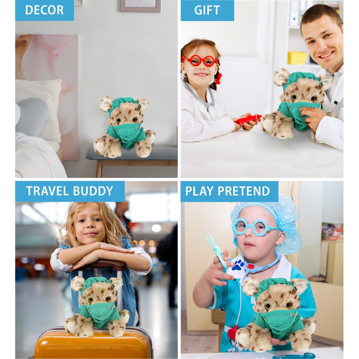 Squat Cheetah Doctor Plush Toy with Cute Scrub Uniform and Cap 12.5