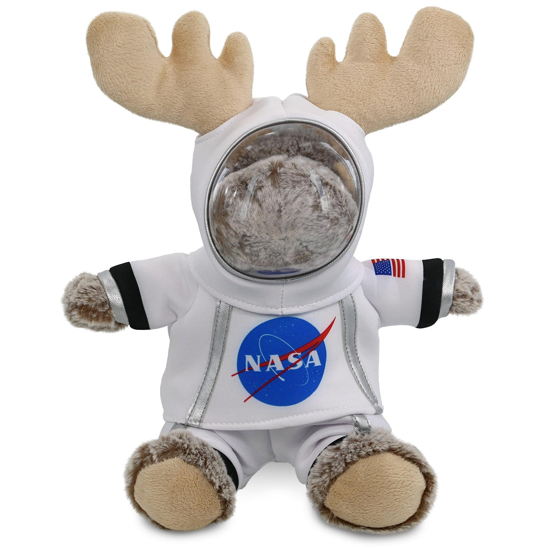 Sitting Moose Astronaut Plush with Space Helmet and Suit 9 Inches Brown White Polyester