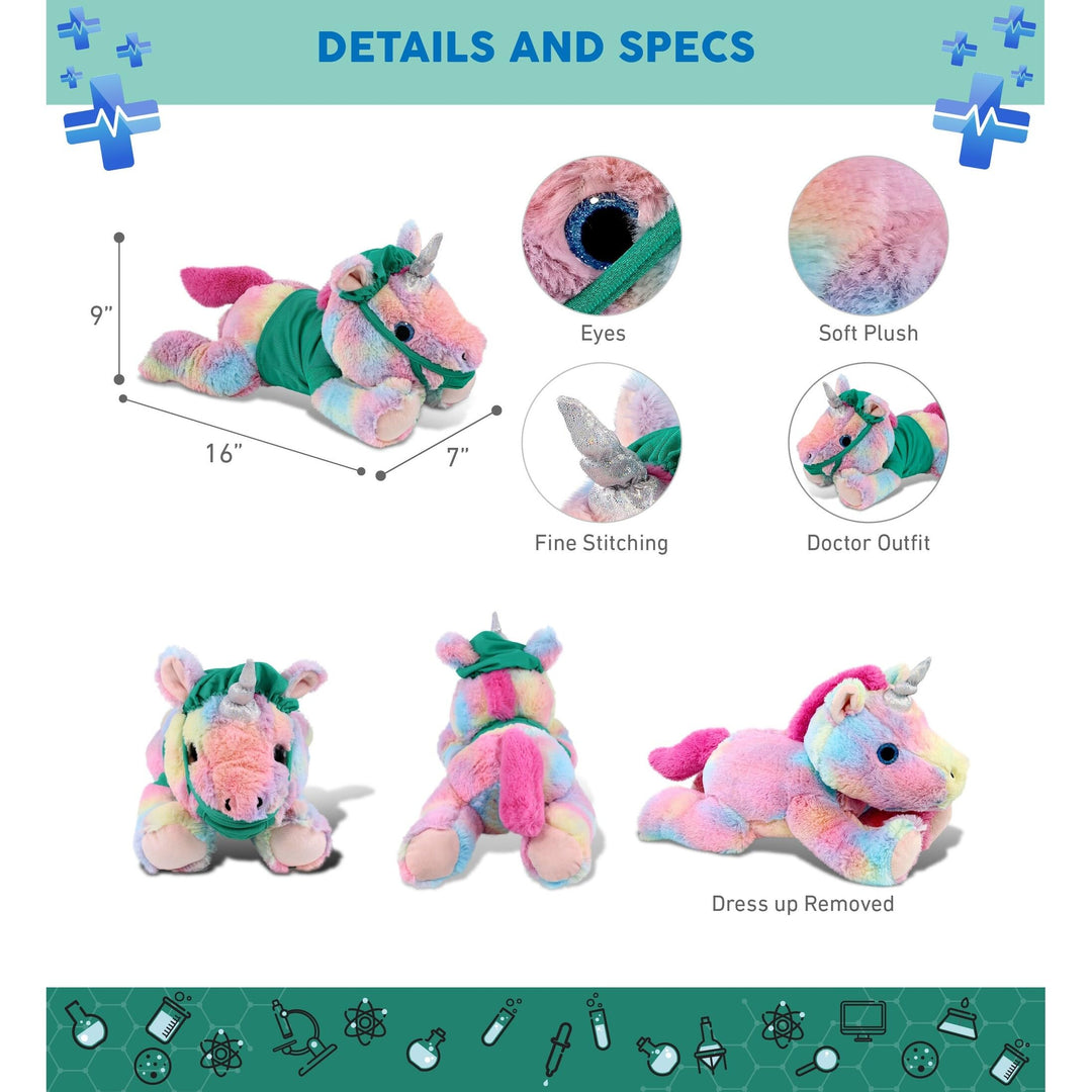 Laying Rainbow Unicorn Doctor Plush with Scrub Uniform and Cap 16