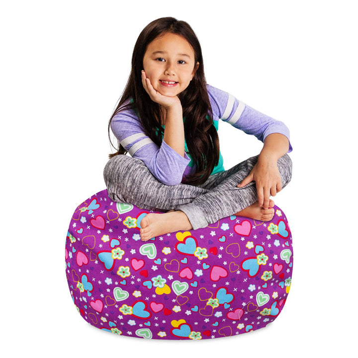 Posh Creations Stuffable Kids Stuffed Animal Storage Bean Bag Chair Cover - Childrens Toy Organizer, Medium-27 - Canvas Multi-Colored Hearts on Purple