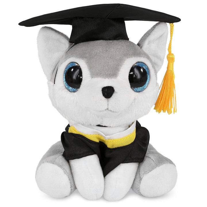 Sparkle Eyes Wolf Graduation Plush Toy with Gown and Cap 6 Inches Black Grey White Polyester