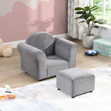 Kids Sofa Chair Set Upholstered Recliner with Ottoman Lounge Chairs Arm for Boys Girls Room Grey Solid Children's Mid-Century Modern Velvet Wood Natural Finish Padded Seat