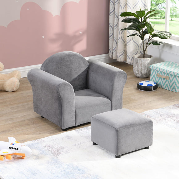 Kids Chair Upholstered Couch with Ottoman Grey Velvet Childproof Closure