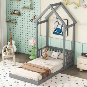 Twin Size Bed Kids House Frame Floor Wooden Grey Modern Contemporary Traditional Wood