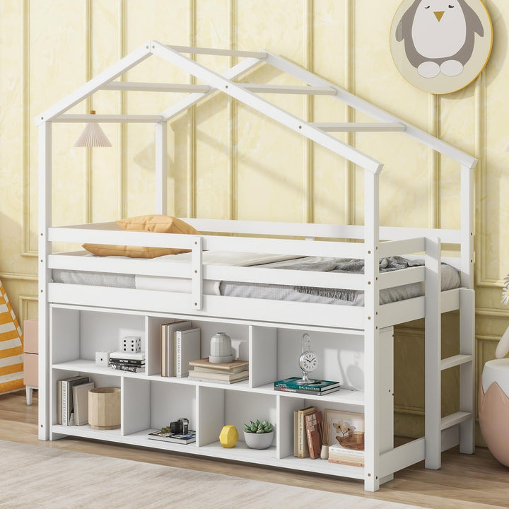 Twin Size Pine Wood House-Shaped Loft Bed with Roof Frame Kids Storage Removable Shelving Guardrails Ladder White Modern Contemporary Unisex Nature Natural Finish