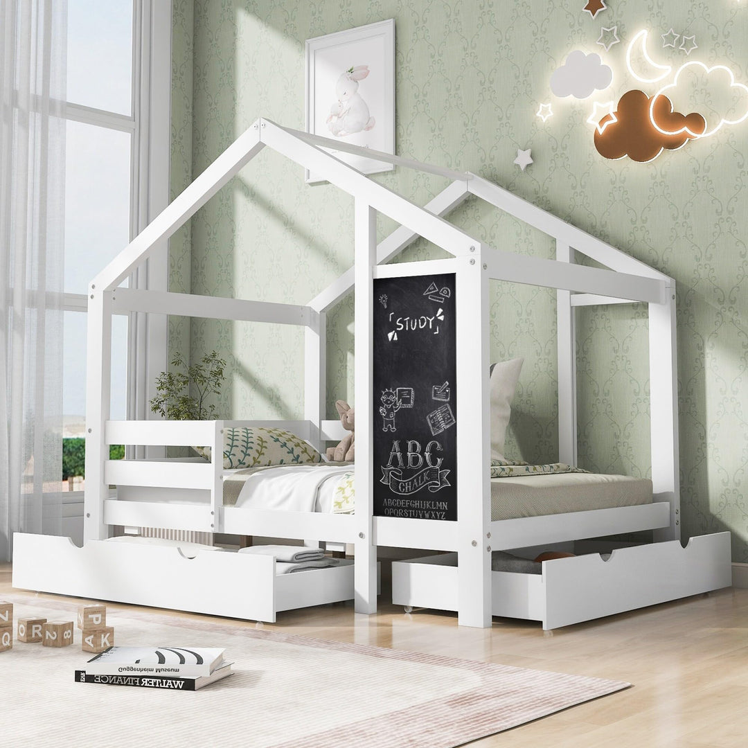 Twin Kids Storage Bed House with 2 Drawers White Mission Craftsman