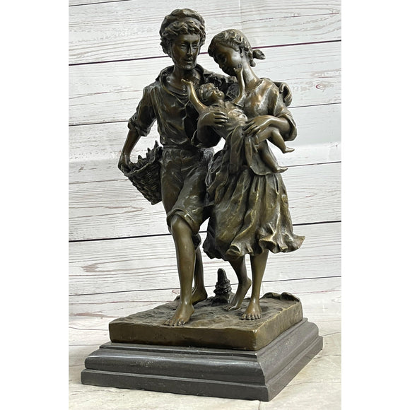 Fisherman Family Man Woman Baby Bronze Statue Sculpture Romantic Figure 16 Inches X 8 Brown Finish Handmade