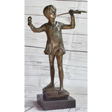 Boy Child Musician with Pan Flute Bronze Metal Figure Statue Sculpture On Marble Base Brown Finish Handmade