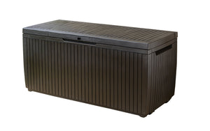 Keter Springwood 80 Gallon Resin Outdoor Storage Box for Patio Furniture Cushions, Pool Toys, and Garden Tools with Handles, Brown