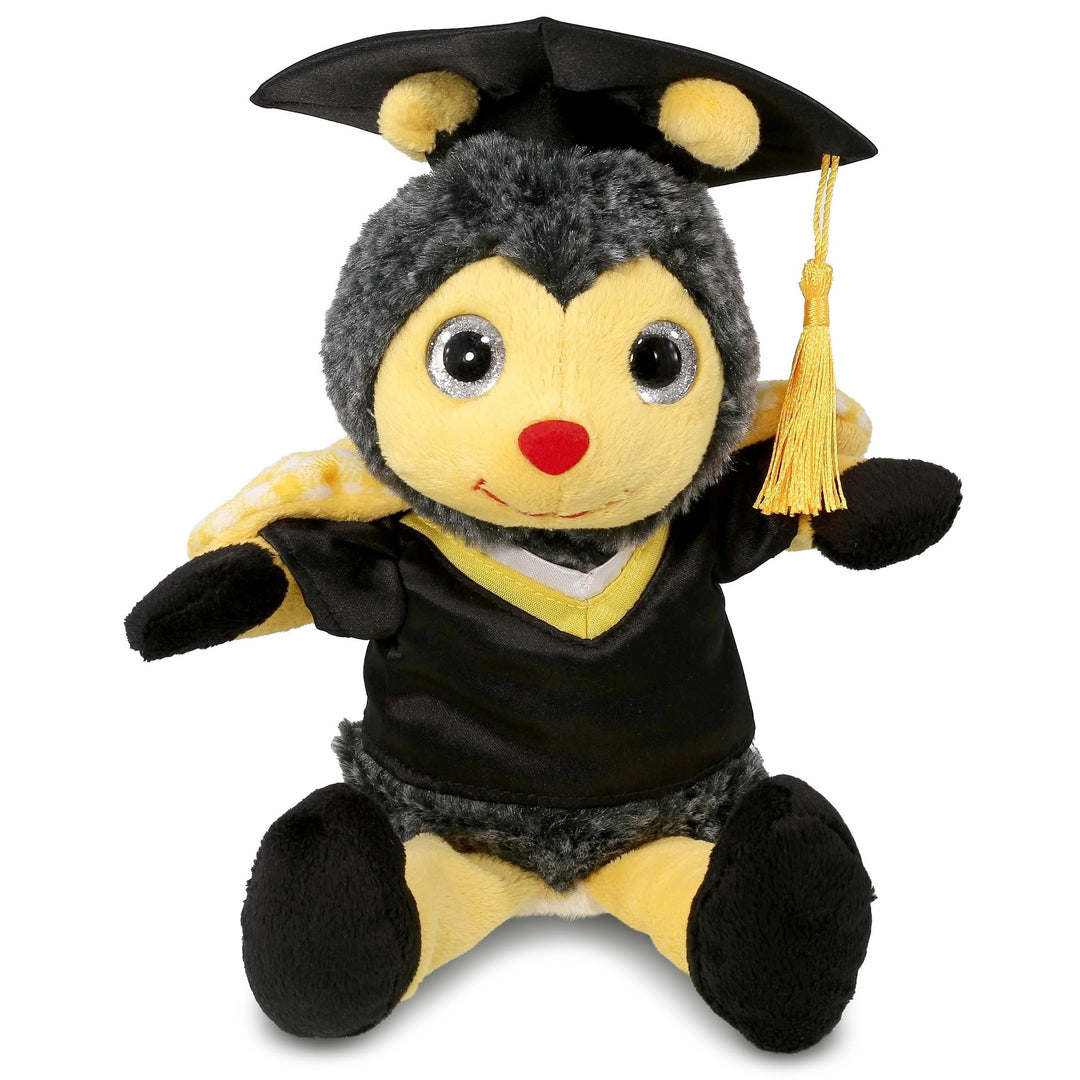 Sitting Honeybee Graduation Plush with Gown and Cap W/Tassel 7 Inches Black Yellow Polyester