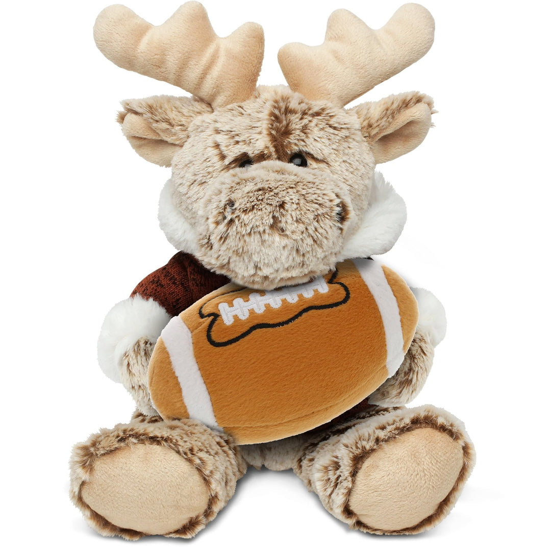 Sitting Moose with Brown Hooded Sweater and Football Plush 7 Inches Polyester