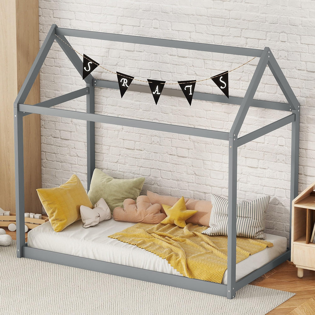 Twin Size Wood House Floor Bed Wooden Frame with Roof Playhouse for