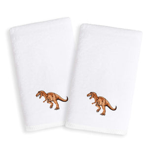 Kids Dinosaur Embroidered White Turkish Cotton Hand Towels (Set of 2) Brown Novelty