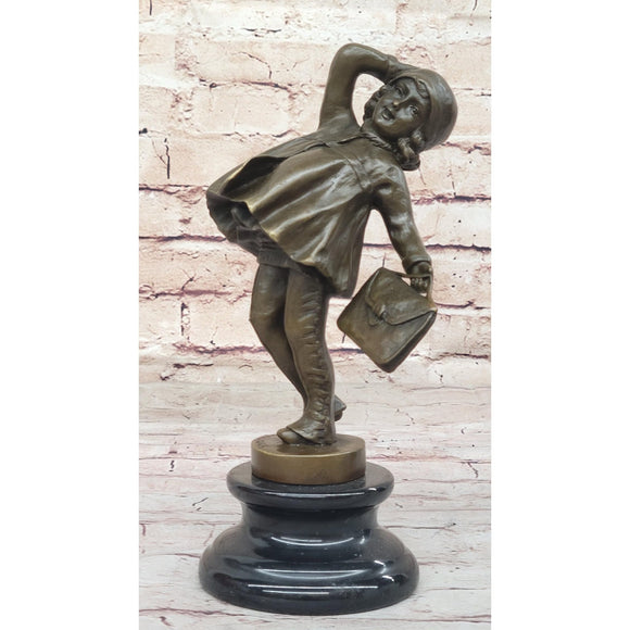 Girl Child Going to School W/Book Bag Bronze Sculpture On Marble Base Brown Finish Handmade