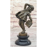 Girl Child Going to School W/Book Bag Bronze Sculpture On Marble Base Brown Finish Handmade