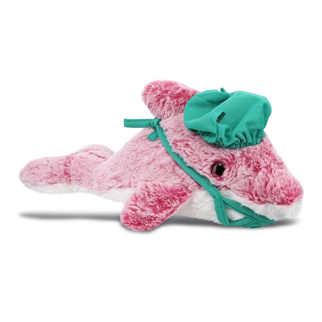 Pink Dolphin Doctor Plush with Cute Scrub Uniform Cap Outfit 14 Inches Green Polyester