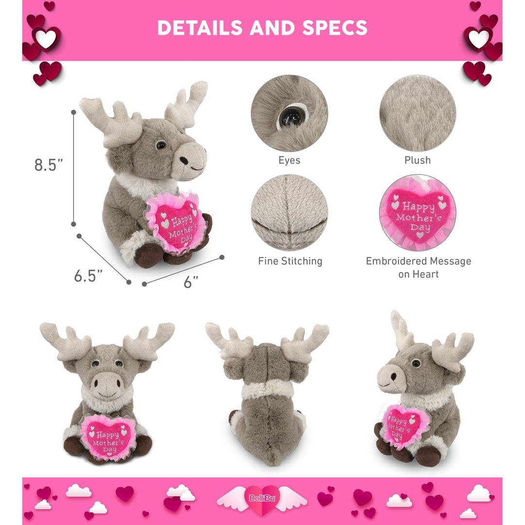 Plush Squat Reindeer with Pink Heart 8.5 Inches Brown Grey