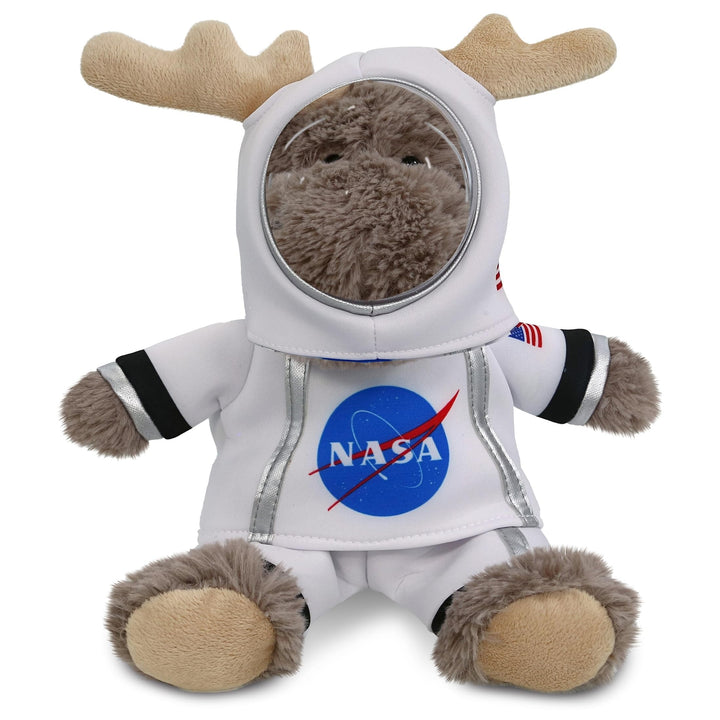 Sitting Moose Astronaut Plush with Space Helmet and Suit 8 Inches Brown White Polyester