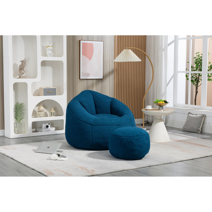 Drop Shape Bean Bag Sofa Microfiber Camel Back Egg Chair W/Spherical Ottoman for Concave Seat Lounge Chairs Blue Moroccan Lake House Modern Contemporary Solid Foam