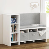 Kids Bookshelf with Reading Nook Toddler Bookcase Bench and Toy Storage Organizer Seat Back Cushion White Wood Painted