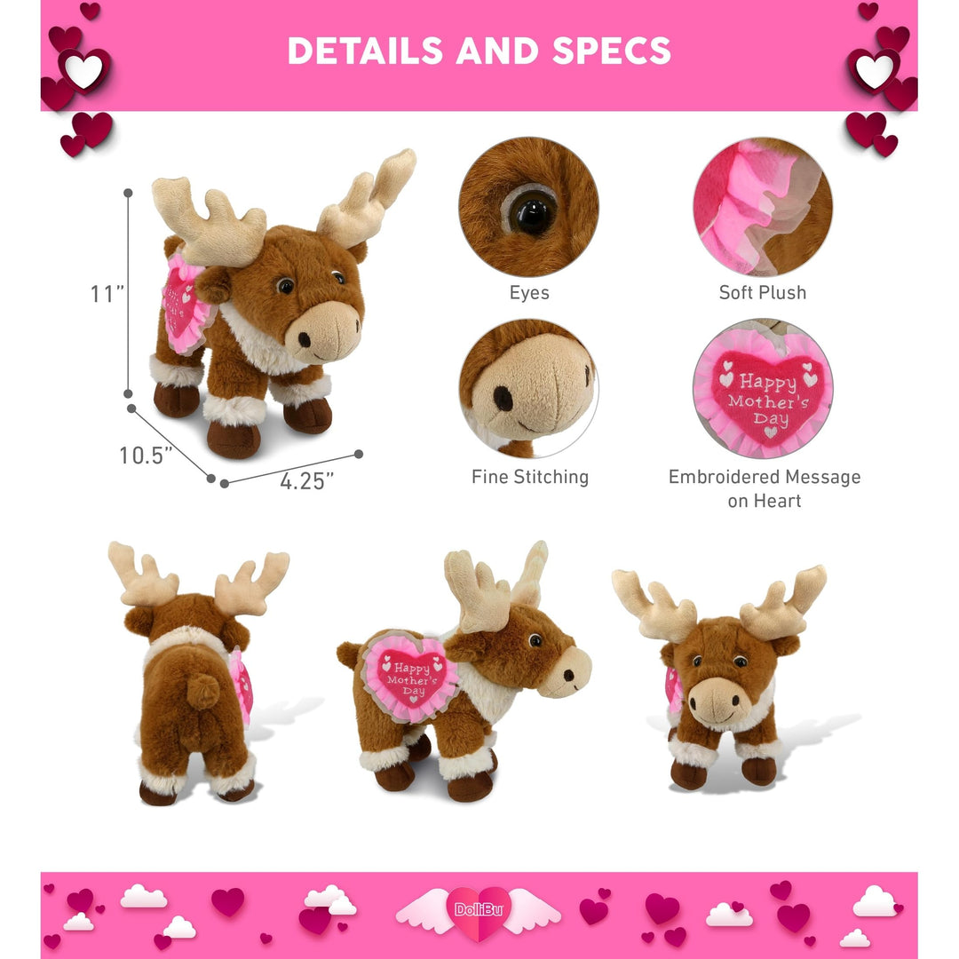 Plush Standing Reindeer with Pink Heart 11 Inches Brown