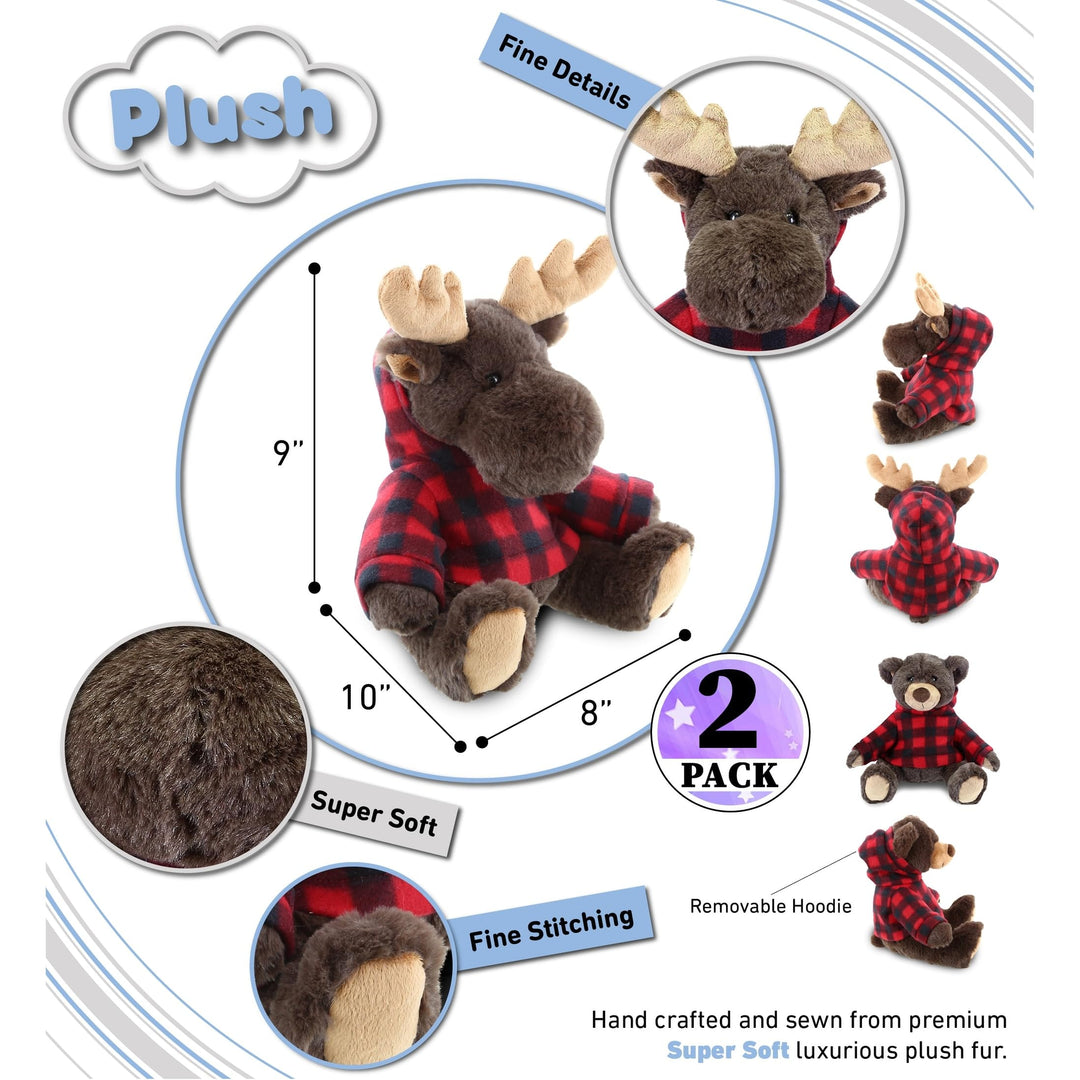 Plush Brown Bear and Moose with Red Plaid Hoodie Set of 2 10lx8wx9h