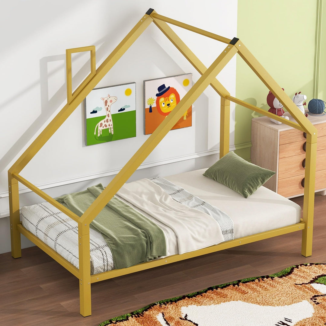 Twin Metal House Platform Bed with Roof and Chimney Frame Under-Bed Storage for Kids Girls Boys Gold Modern Contemporary Unisex Nature Finish Includes Hardware