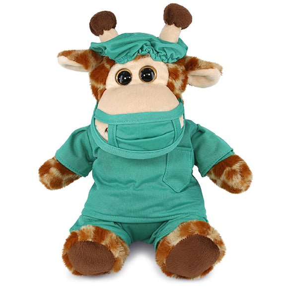 Sitting Giraffe Doctor Plush with Cute Scrub Uniform and Cap 9 Inches Brown Green Polyester