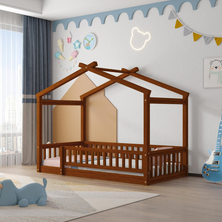 Twin Size Wood Bed House Frame with Fence for Kids Teens Girls Boys