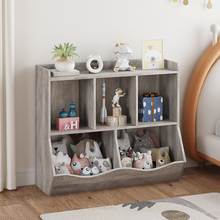 Kids Bookshelf and Bookcase Toy Storage Multi Shelf with Cubby Organizer Cabinet Grey Farmhouse MDF Painted